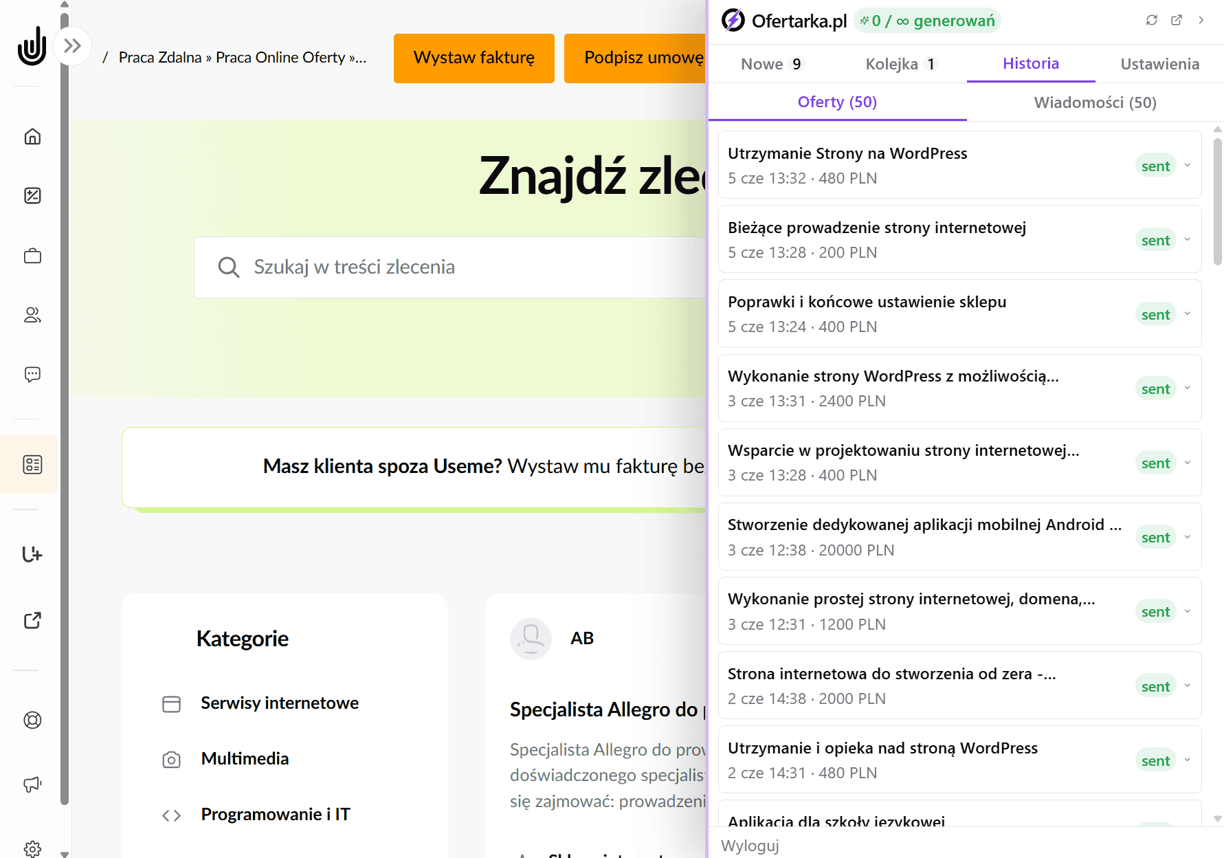 Zakładka "Historia" - archiwum wysłanych ofert i wiadomości z filtrami i podglądem treści