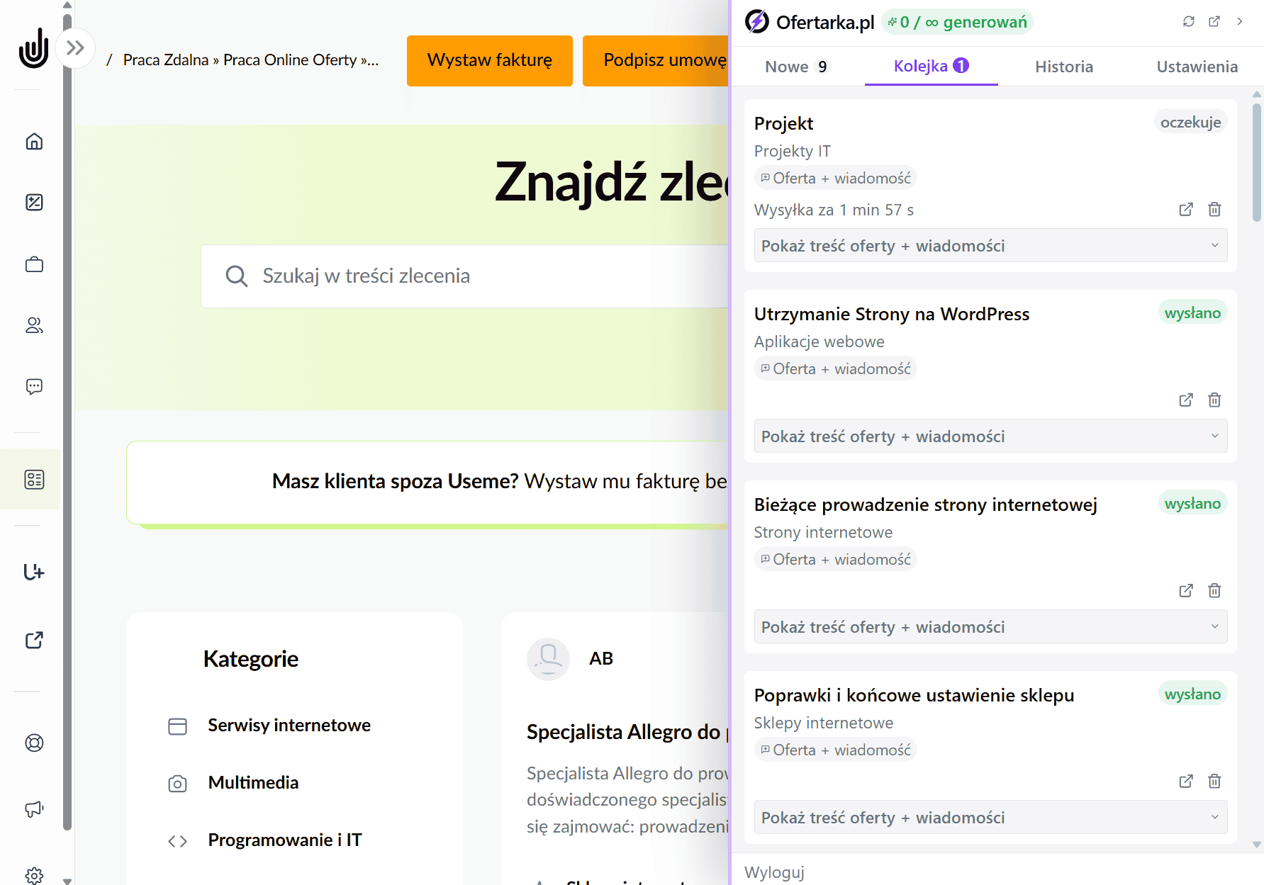 Zakładka "Kolejka" - karty zaplanowanych ofert ze statusami (oczekuje, wysyłanie, wysłano, błąd), countdownem i przyciskami akcji
