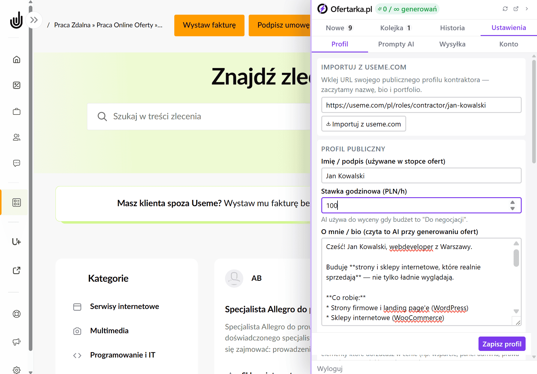 Zakładka "Ustawienia" - 4 podzakładki: Profil, Prompty AI, Wysyłka (z trybem autonomicznym), Konto.