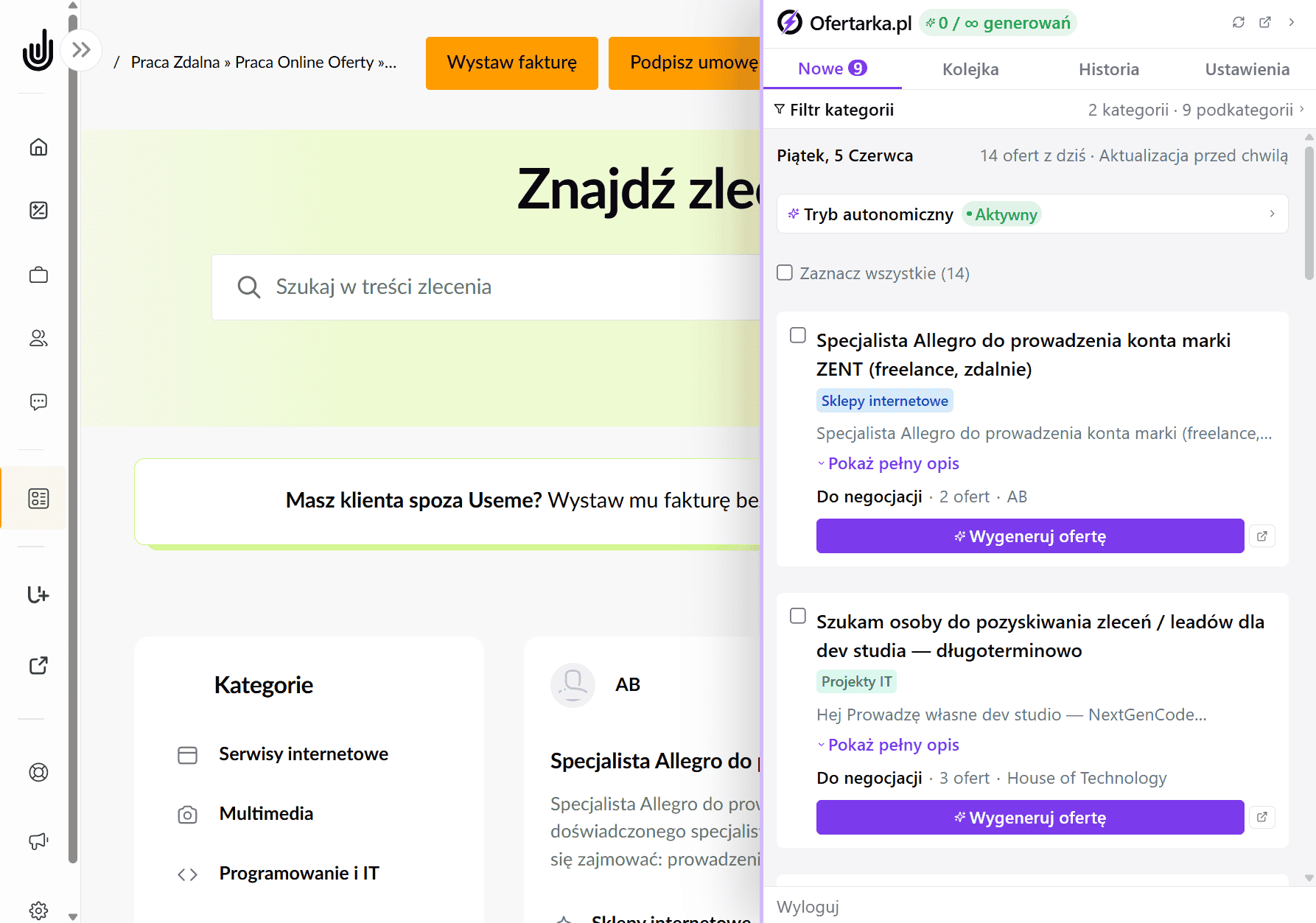 Panel "Nowe" w wtyczce - lista najnowszych zleceń useme.com z filtrami