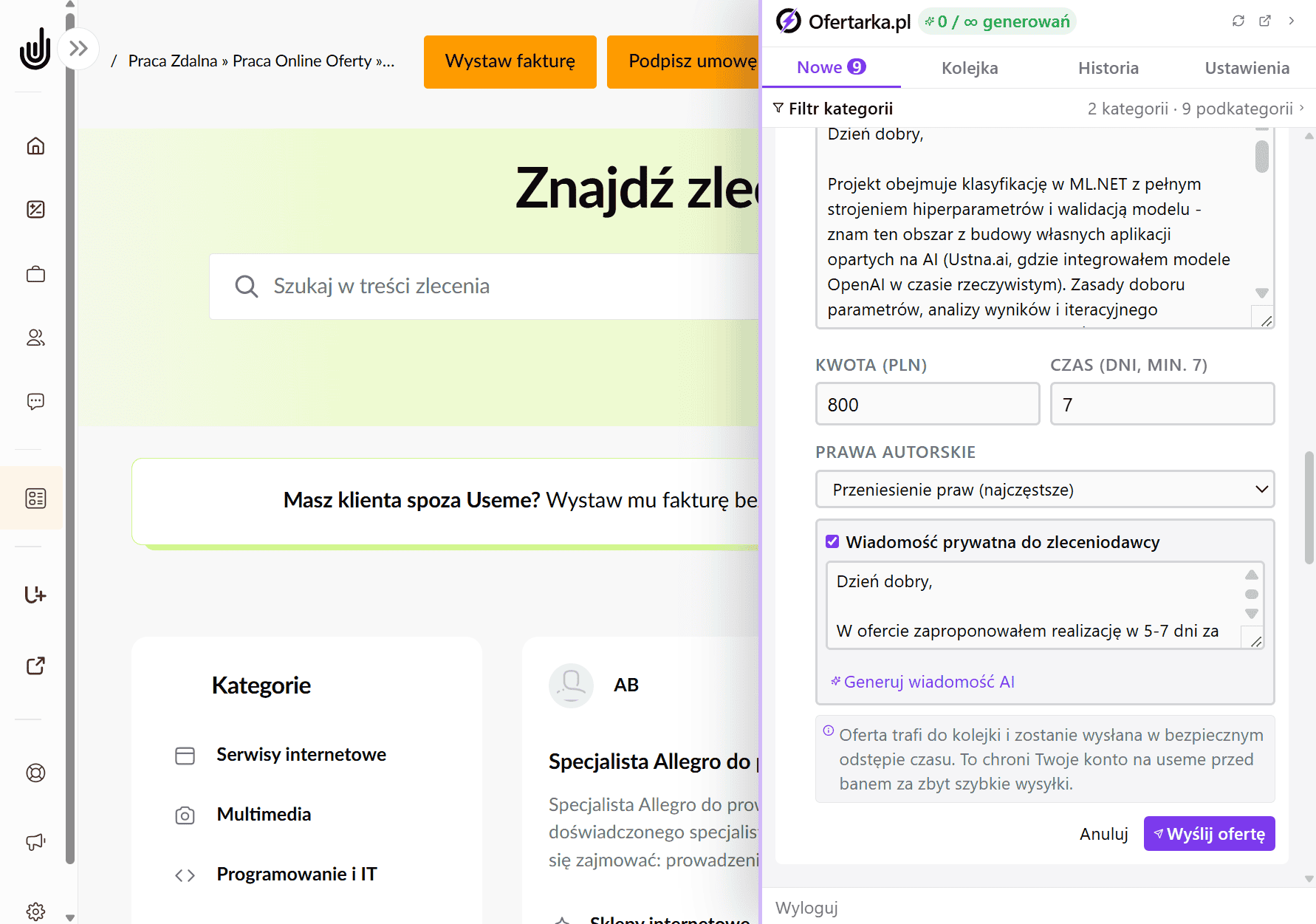 Inline composer z wygenerowaną ofertą, ceną i polem do edycji