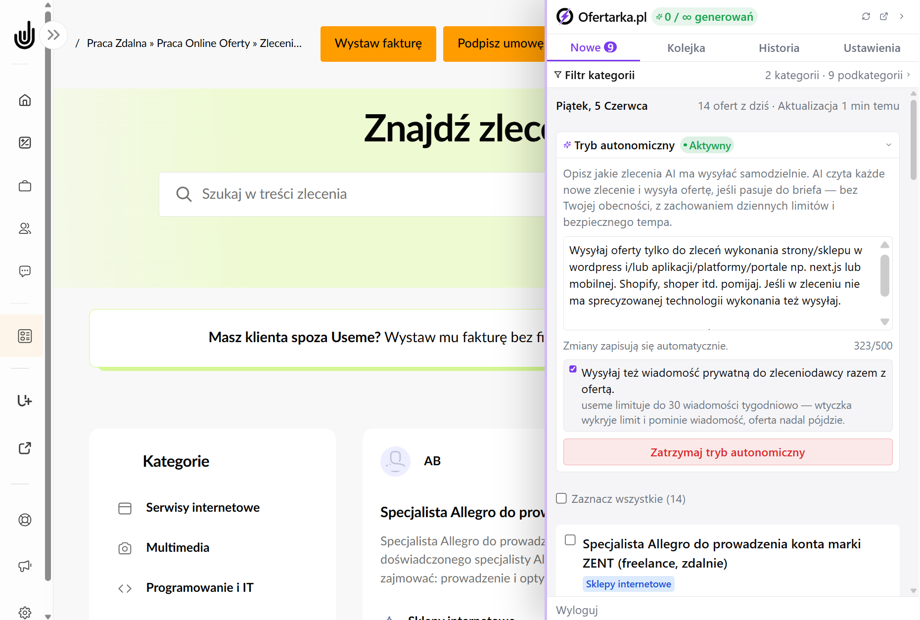 Panel "Tryb autonomiczny" rozwinięty: brief filtra, checkbox wiadomości prywatnej, przycisk Zatrzymaj — wtyczka aktywnie czeka na dopasowane zlecenia